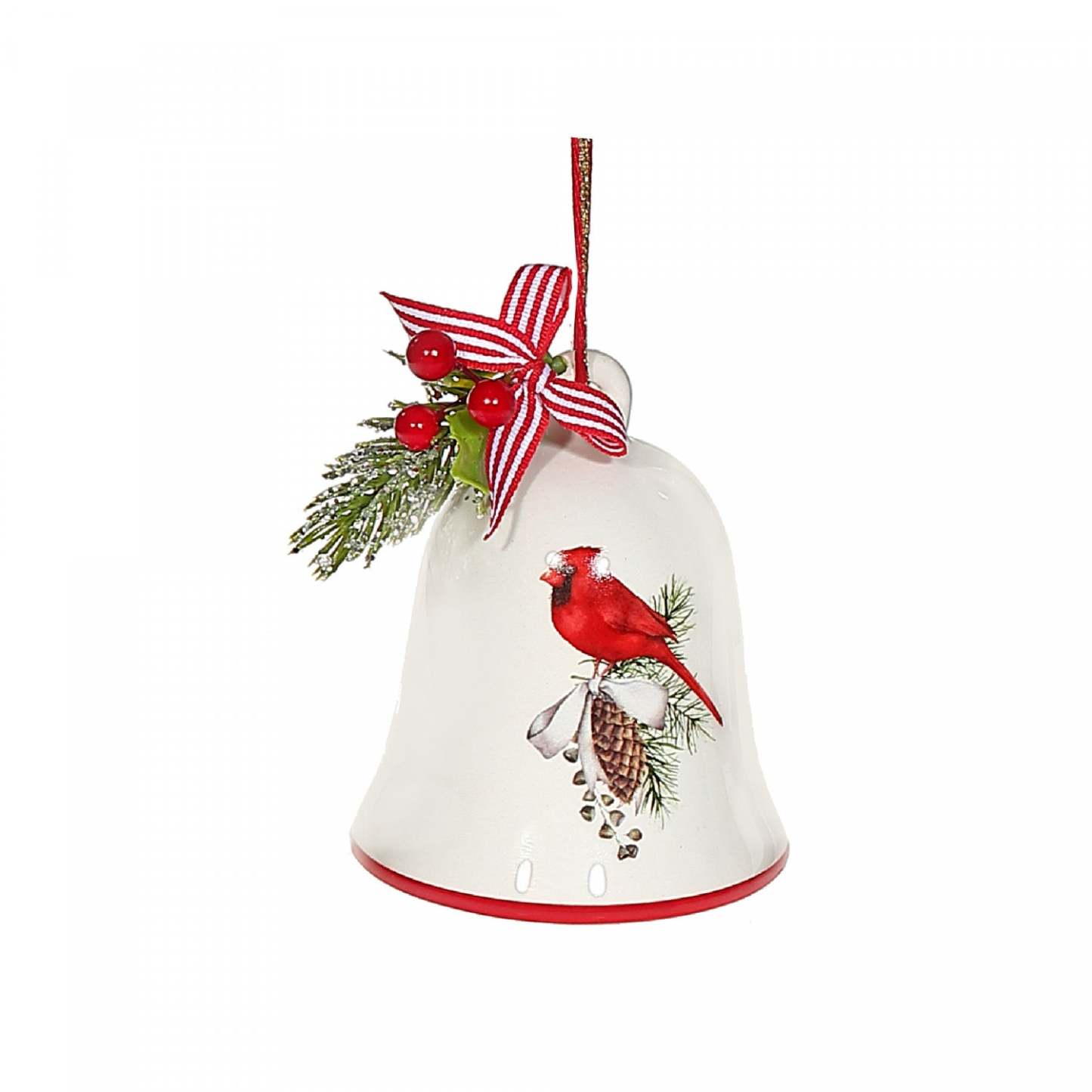 Cloche en céramique avec ornement en ruban Cardinal sur pomme de pin - Ensemble de 4 décorations de Noël|Ornement en forme de cloche de Noël en céramique avec ruban et orné d'un cardinal sur une pomme de pin - ensemble de 4 ornements de Noël