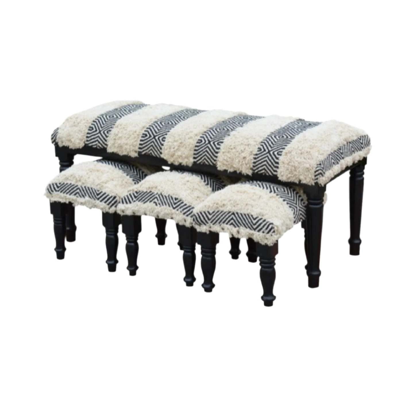 Ensemble de bancs et tabourets en bois 4 pièces Tousled Geo Benches|Ensemble de 4 pièces de banc et tabourets en bois à motif géométrique ébouriffé