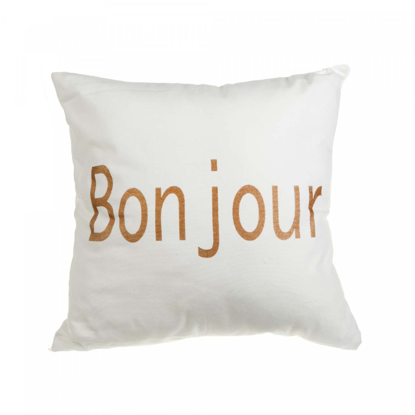 Coussin Bonjour en toile blanche imprimé doré- Lot de 2 coussins|Coussin en tissu blanc avec imprimé doré « Bonjour » - ensemble de 2 coussins