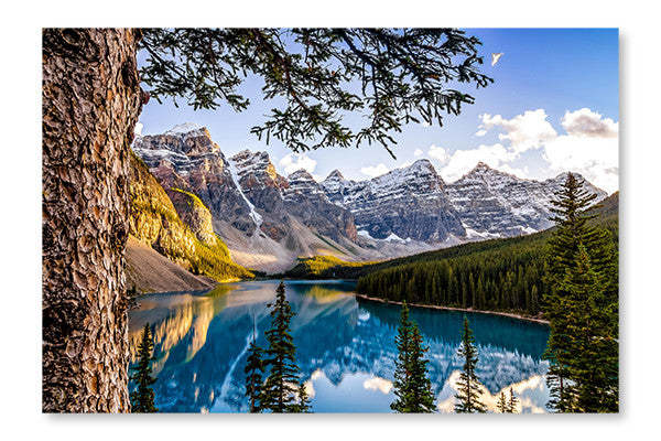 Paysage du lac Morain et de la chaîne de montagnes : cadre mural et panneau de tissu 28 x 42 po | Paysage du lac Morain et de la chaîne de montagnes 28 x 42 po : cadre mural et panneau de tissu | D44GC2IB