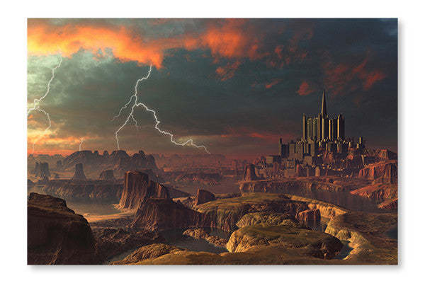 Tableau mural et panneau en tissu « Orage électrique au-dessus d'une cité extraterrestre lointaine » (28 x 42 po) | D44G4167