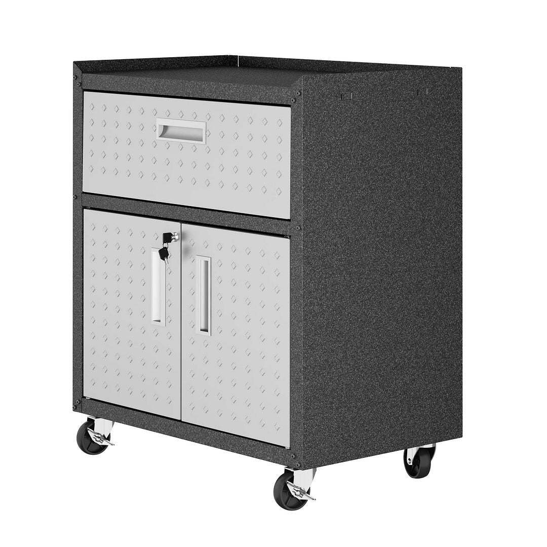 Manhattan Comfort Fortress Textured Metal 31.5 Garage Mobile Cabinet with Drawer & 2 Adjustable Shelves - Gris|Armoire mobile Fortress de Manhattan Comfort de 31,5 po en métal texturé avec tiroir et 2 tablettes réglables pour le garage - gris