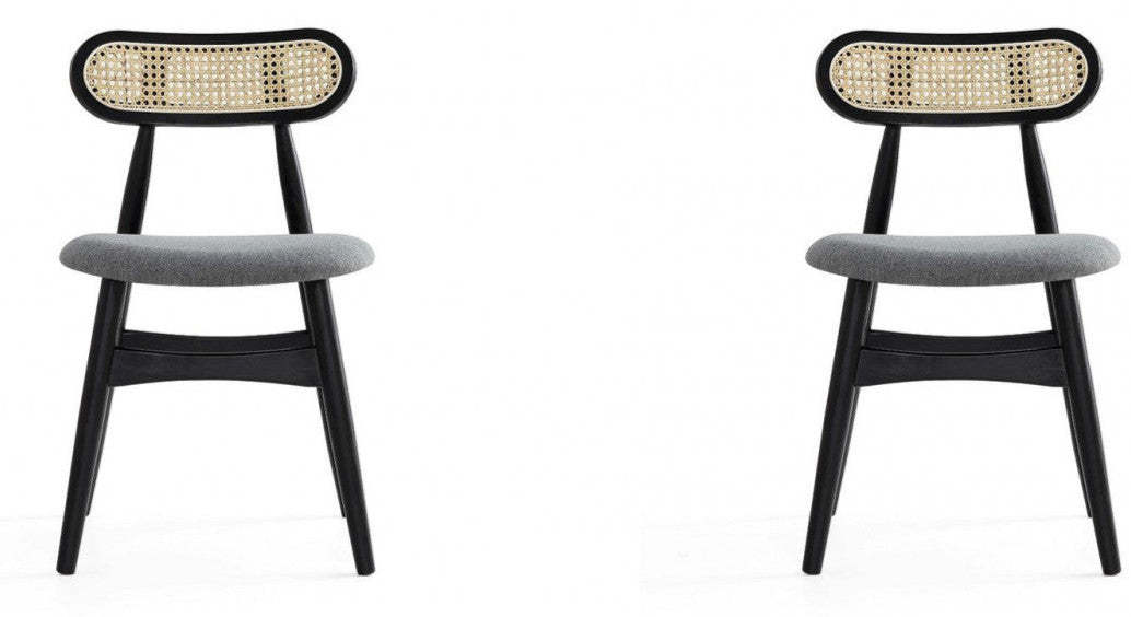 Manhattan Comfort Set of 2 Colbert Grey Upholstered Dining Chairs - Black & Cane|Ensemble 2 chaises de salle à manger Colbert de Manhattan Comfort avec revêtement gris - noir et cannage
