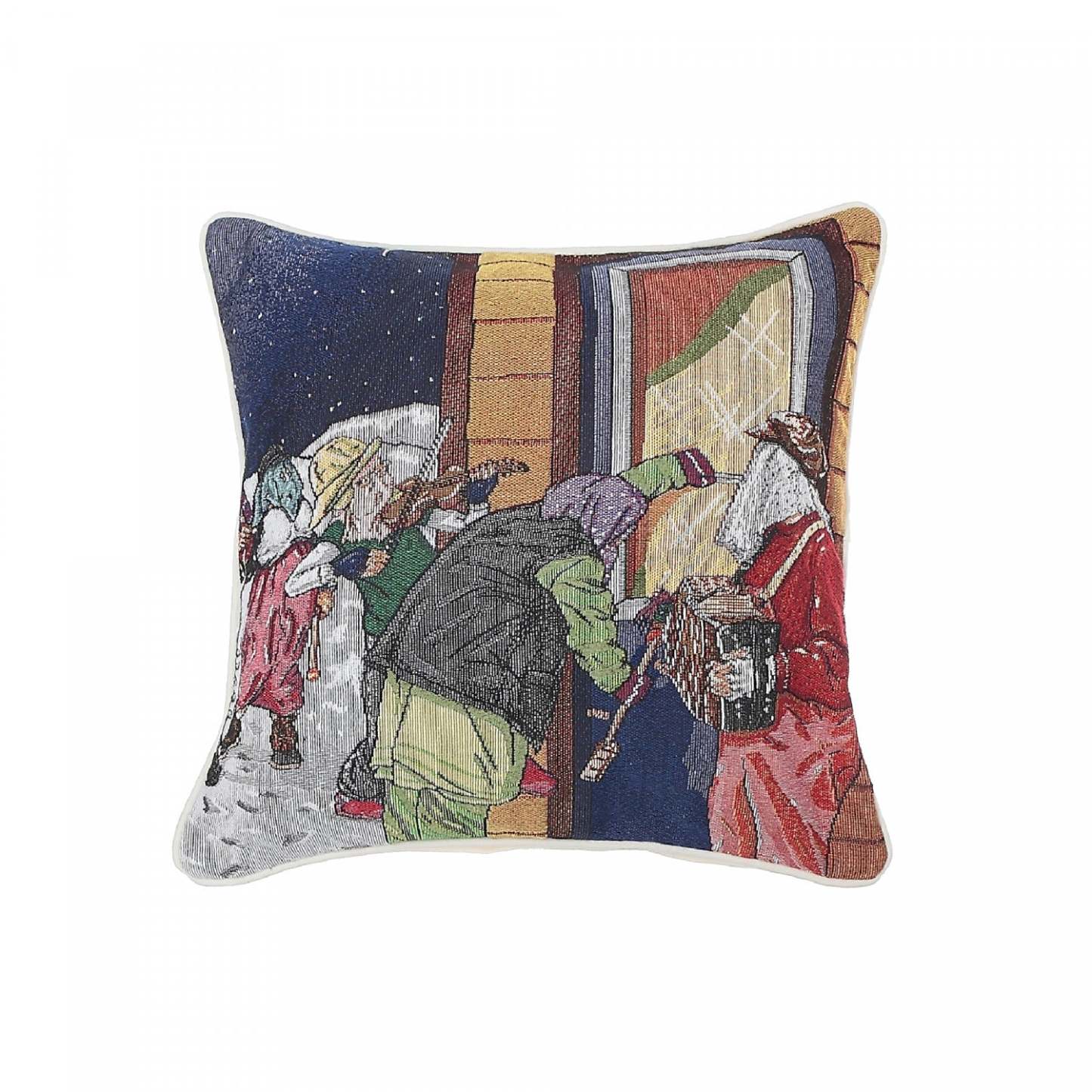 Tapisserie Coussin Mummers Knocking 18 x 18 - Lot de 2|Coussin 18 x 18 en tapisserie orné de gens masqués frappant à la porte - ensemble de 2