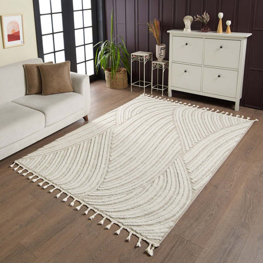 Quinto Brushed Beige Waves Shag Area Rug - 7'7 x 10'|Carpette à poils longs brossé Quinto à motif de vagues - 7 pi 7 po x 10 pi