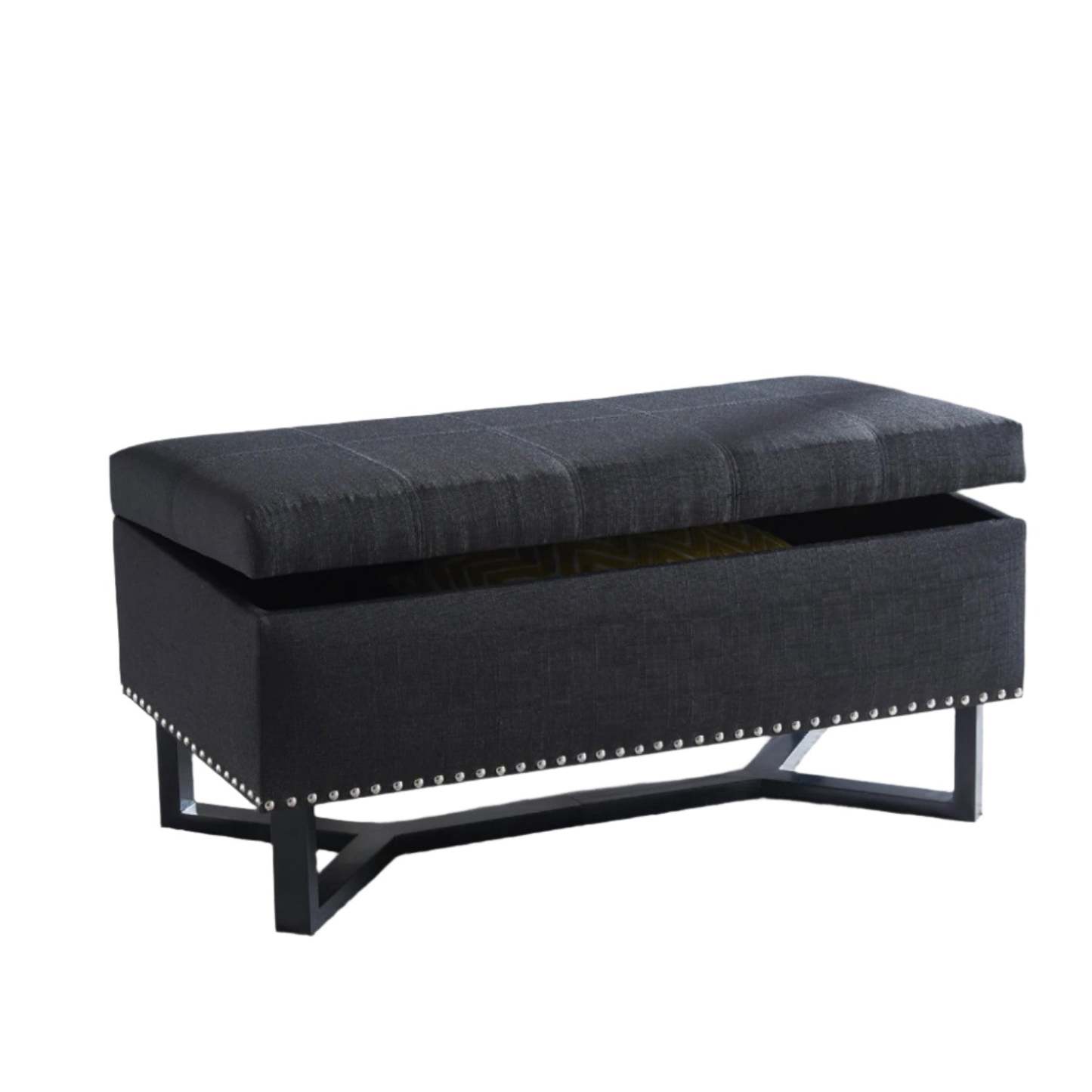 Emerson Fabric Studded Double Bench Ottoman Black Benches|Banc-pouf noir clouté Emerson en tissu à deux places