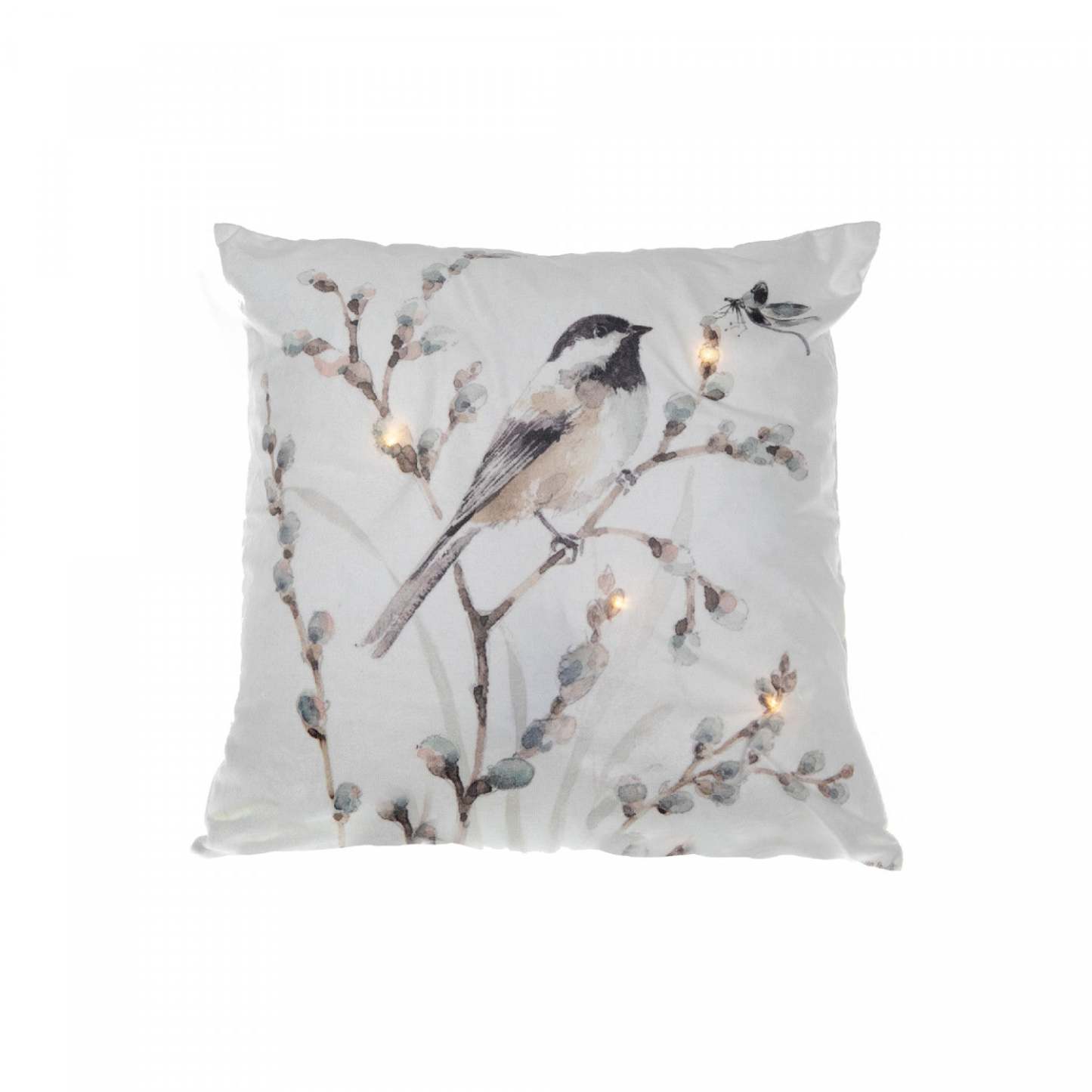 Coussin LED Velours Oiseau sur Branche 18 x 18 - Lot de 2 Coussins|Coussin à DEL 18 x 18 en velours orné d'un oiseau perché sur une branche - ensemble de 2 coussins
