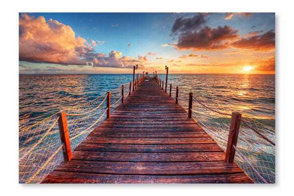 Cadre et panneau de tissu « Coucher de soleil sur la jetée » 28 x 42 po | Sunset Over Sea Pier 28 po x 42 po : Cadre d'art mural et panneau de tissu | D44GDE8T
