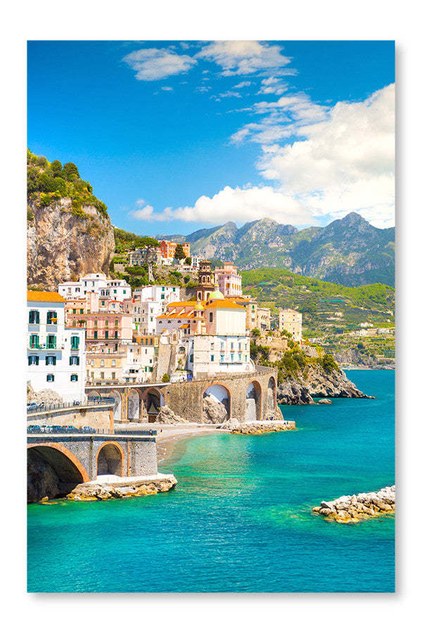 Vue matinale d'Amalfi 28x42 : Cadre et panneau en tissu | Morning View Of Amalfi 28 po x 42 po : Cadre d'art mural et panneau de tissu | D44GKZZ2