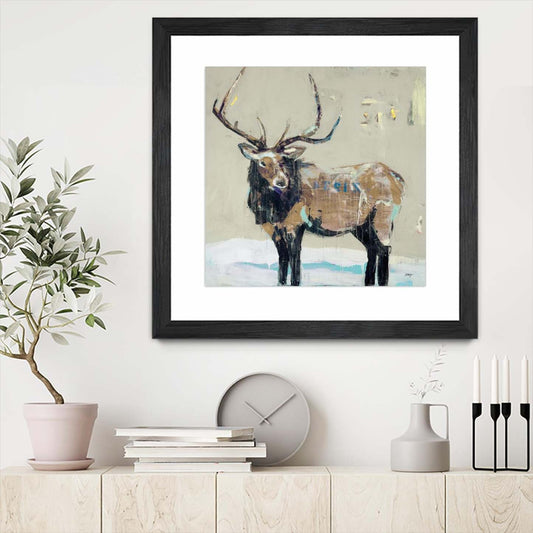 Winter Elk Neutral Matted and Framed Black 36x36 Wall Art|Œuvre d’art murale encadrée noire et mate « Winter Elk Neutral » 36 x 36