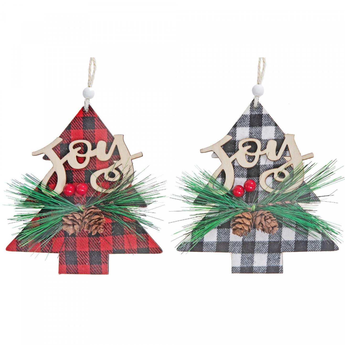 Buffalo Plaid Joy on Tree Wood Ornament - Set of 12 Christmas Ornaments|Ornement en bois « Joy » sur arbre à point à carreaux - ensemble de 12 ornements de Noël