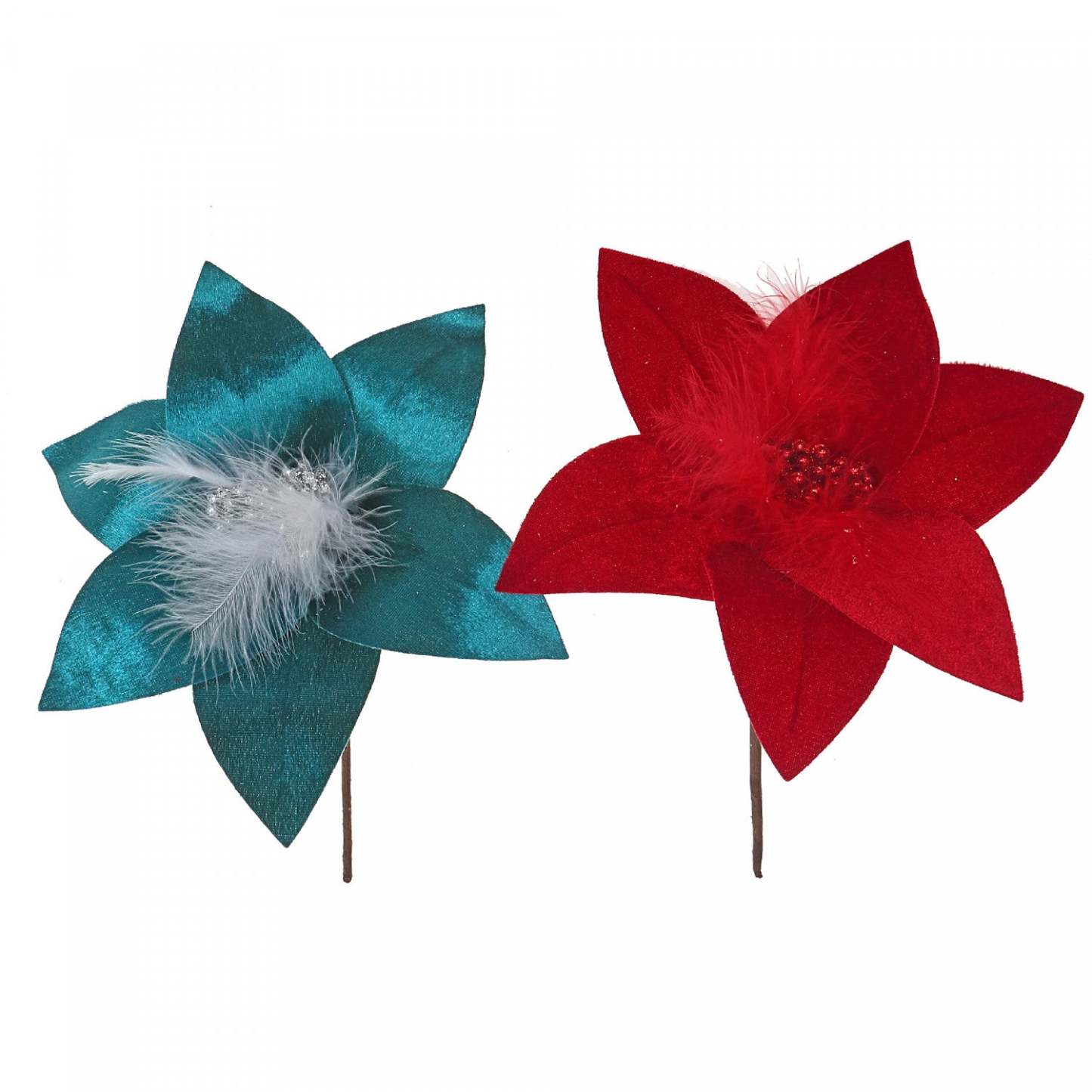 Pic à Poinsettia en Feutre avec Plumes - Lot de 12 Fleurs Artificielles|Décoration florale avec poinsettia en feutre et plumes - ensemble de 12 fleurs artificielles