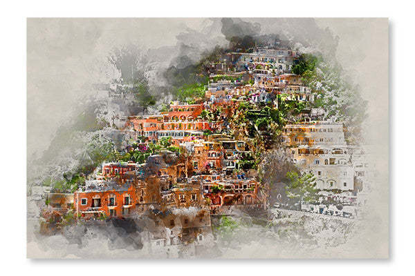 Peinture numérique à l'aquarelle de Positano 28 x 42 po : Cadre d'art mural et panneau de tissu | D44G1SVF