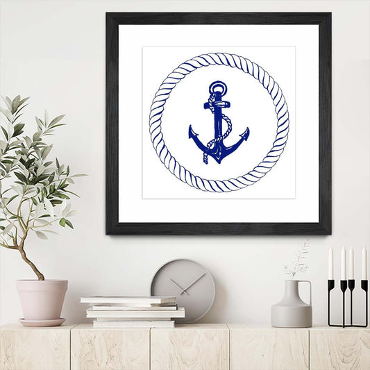 Œuvre d’art murale encadrée noire et mate « Blue Nautical Circle I » 30 x 30