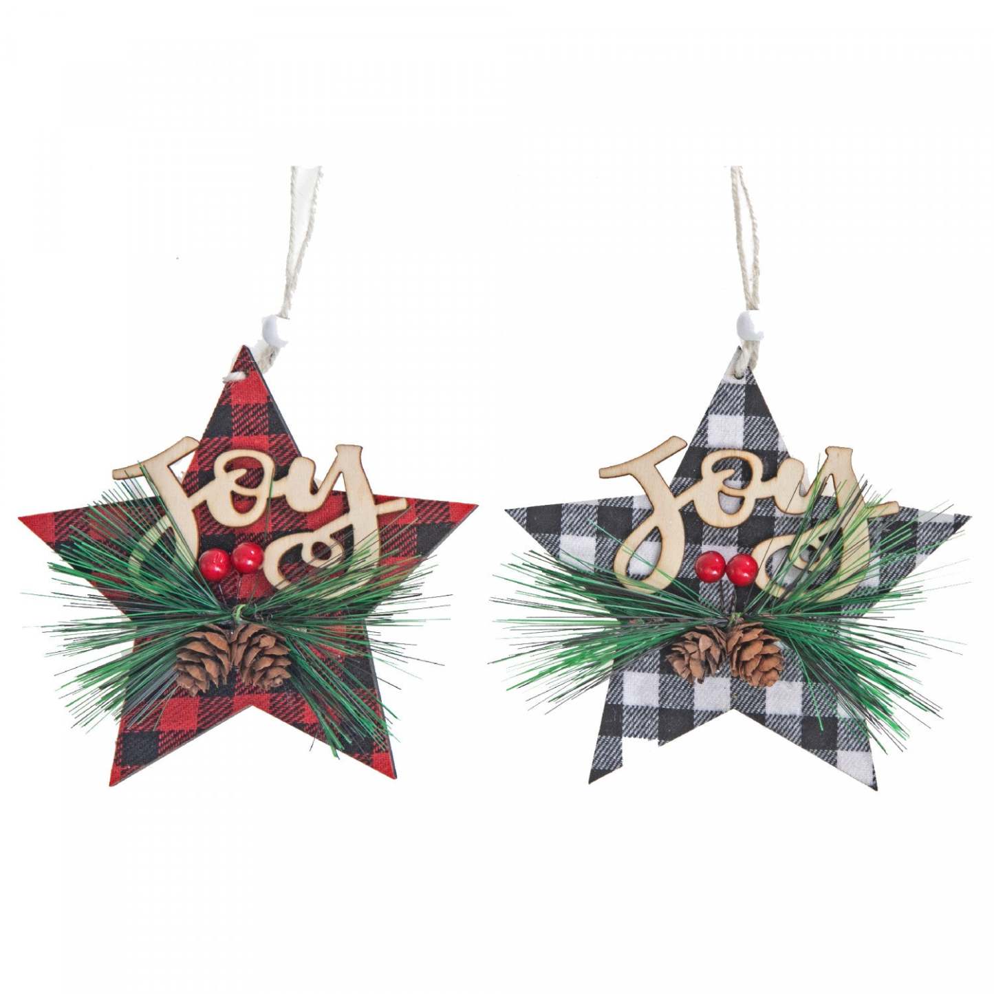Buffalo Plaid Joy on Star Wood Ornament - Set of 12 Christmas Ornaments|Ornement en bois « Joy » sur étoile à point à carreaux - ensemble de 12 ornements de Noël