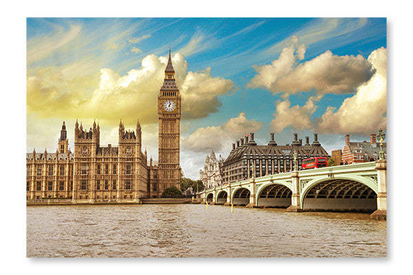 Vue magnifique du pont de Westminster et du Parlement : cadre mural et panneau de tissu 28 x 42 po | Vue magnifique du pont de Westminster et du Parlement 28 x 42 po : cadre mural et panneau de tissu | D44GITOY