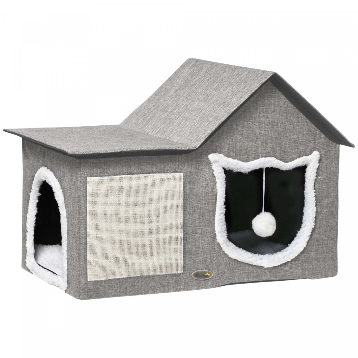 Lit pour chat Pawhut pour intérieur, grande maison pour chat avec coussin doux, tapis à gratter, balle suspendue, condo pour chaton avec deux entrées, gris