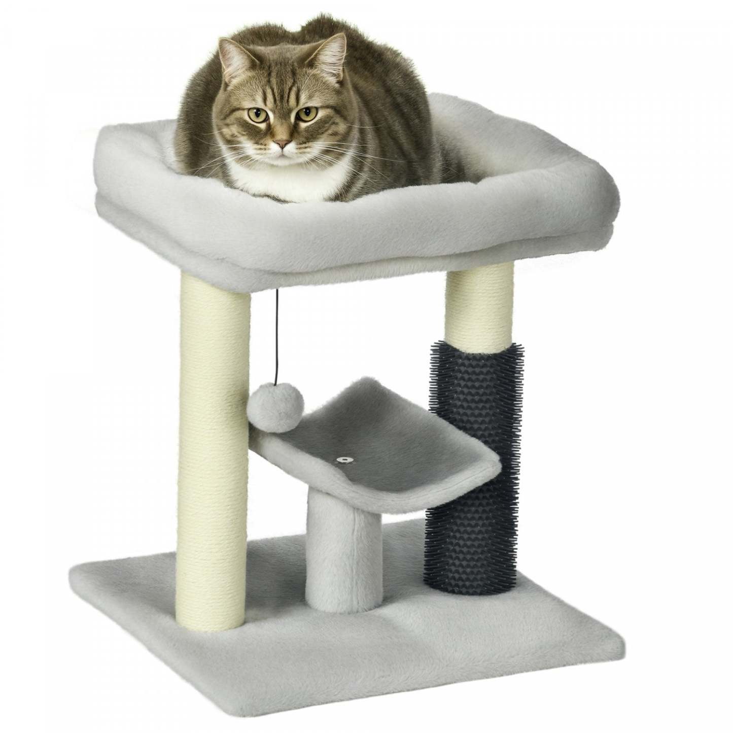 Pawhut 19 Arbre à chat, Petite tour à chat avec poteau à gratter en sisal, Centre d'activité pour chaton avec lit, auto-toiletteur, perchoir, balle suspendue, Gris
