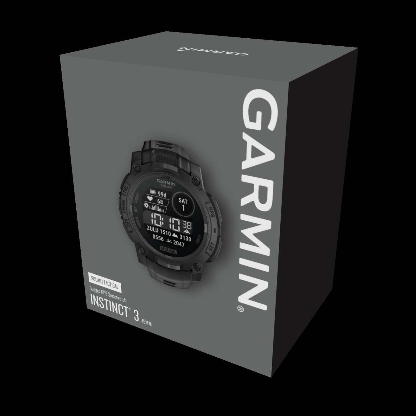 Garmin Instinct 3 45mm - Solaire Tactique, Noir, Gps, Lampe de Poche Led, Mil-std-810, 40j Batterie