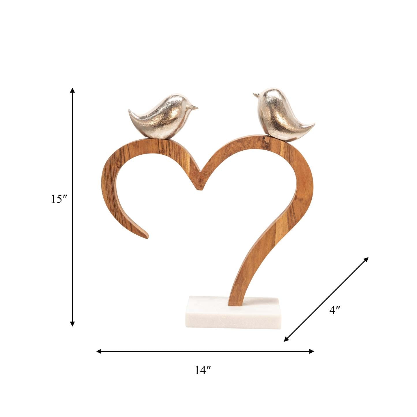 Métal 15 Oiseaux Perchés sur Coeur en Bois avec Socle en Marbre - Argent|Oiseaux perchés sur un cœur en bois de 15 po en métal avec socle en marbre - argentés