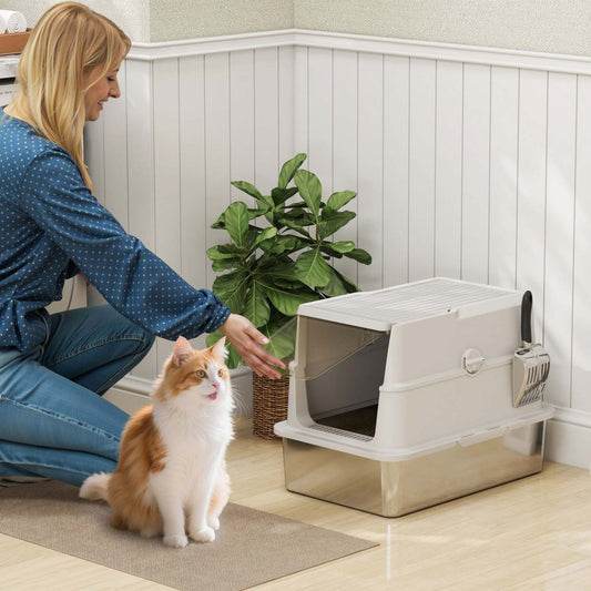 Pawhut Xl Boîte à Litière en Acier Inoxydable pour Chats avec Couvercle, Boîte à Litière Métallique Enfermée Extra Grande pour Grands Chats avec Pelle, Couvercle Rabattable, Facile à Nettoyer et Sans Odeurs, Non-collante