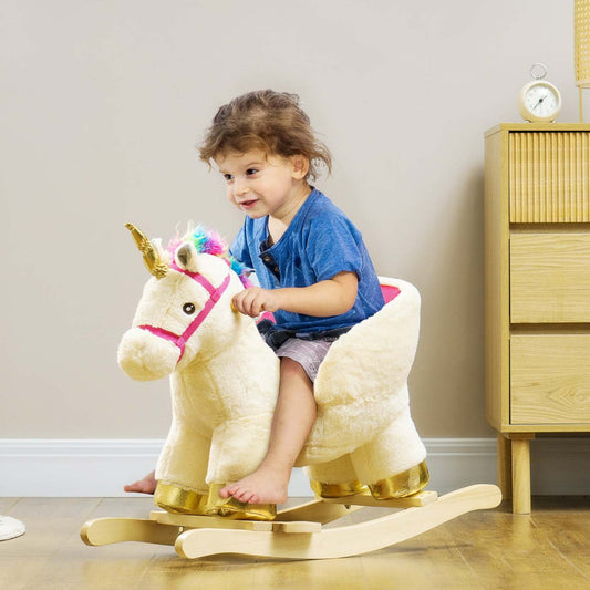 Qaba Cheval à Bascule, Cheval à Bascule en Peluche pour Enfants de 18 à 36 Mois, Jouet à Monter Rempli avec S|Qaba Cheval A Bascule, Cheval A Bascule Pour Enfants, Licorne Avec Son, Ceinture De Sécurité, Base E