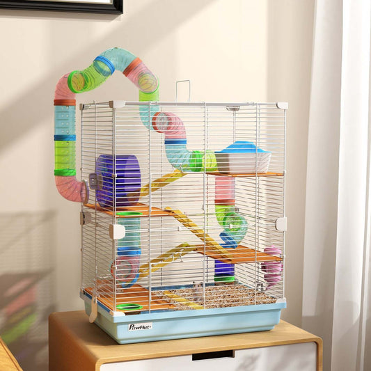 Pawhut Cage à Hamster 5 Niveaux Transportable Habitat pour Animaux avec Roues d'Exercice Tube de Jeu Bouteille d'Eau Assiettes Maison Échelle pour Gerbilles, Bleu Clair