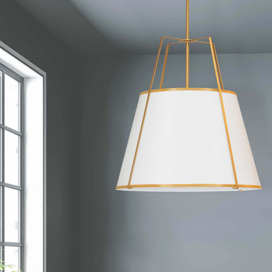 Dainolite Trapezoid 4 Light Pendant Trapezoid Gold/White Shade White Fabric Diffuser Lamp|Luminaire suspendu Trapezoid de Dainolite avec abat-jour trapézoïde doré et blanc qui diffuse la lumière, tissu blanc et 4 ampoules