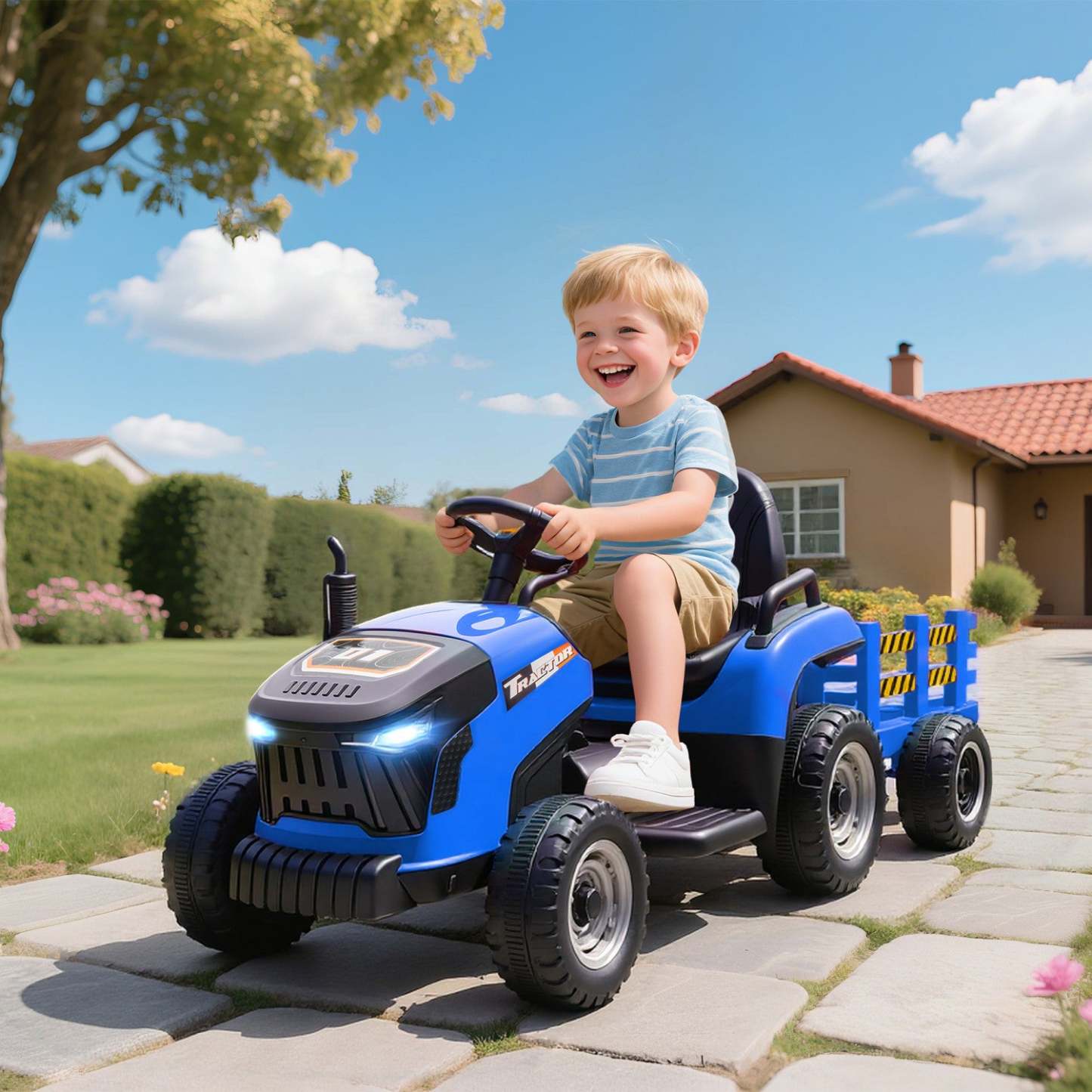 Tracteur à pédales Qaba Kids avec remorque, voiture électrique alimentée par batterie 12v avec télécommande, musique, lumières, levier de vitesses, véhicule électrique pour enfants de 3 à 8 ans, bleu