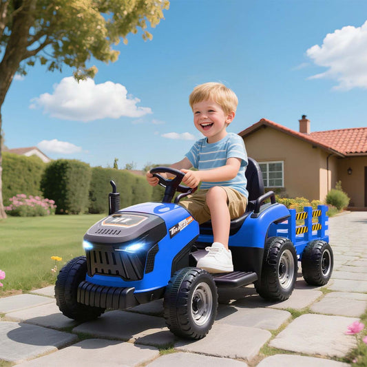 Tracteur à pédales Qaba Kids avec remorque, voiture électrique alimentée par batterie 12v avec télécommande, musique, lumières, levier de vitesses, véhicule électrique pour enfants de 3 à 8 ans, bleu