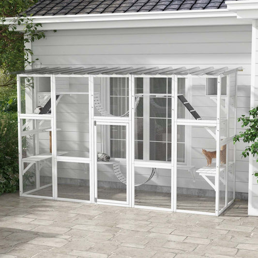 Pawhut Catio, grande enceinte extérieure pour chat avec condos, plateformes, échelles, portes, résistant aux intempéries|Pawhut Catio Maison D'exterieur Pour Chat Avec Toit De Protection Contre Les Intemperies Pour Plusie