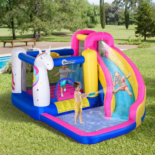Château gonflable Outsunny pour enfants avec toboggan aquatique, mur d'escalade et structure gonflable 5 en 1