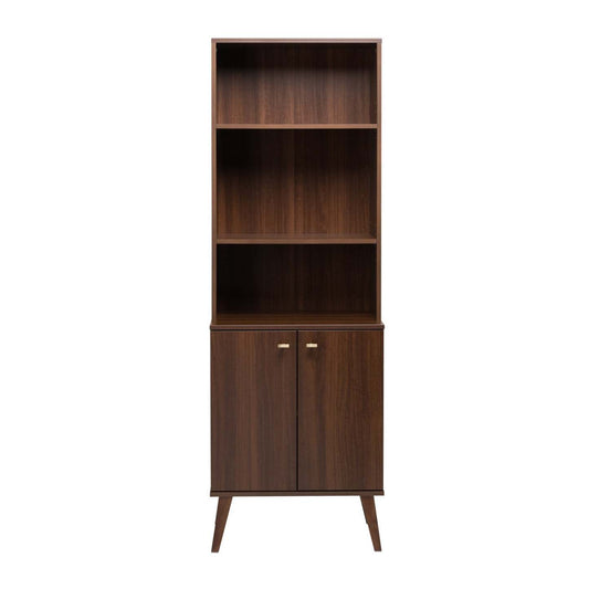 Milo Mid-Century Modern Tall Bookcase with Adjustable Shelves, 2 Doors & Brushed Brass-Finished Knobs - Cherry|Bibliothèque haute moderne du milieu du 20e siècle Milo avec tablettes réglables, 2 portes et poignées au fini laiton brossé - cerisier