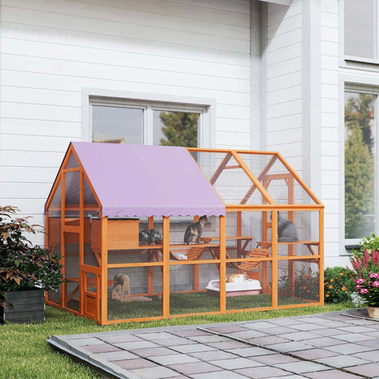 Pawhut Catio Enclos extérieur pour chats en bois avec auvent imperméable, ponts, boîtes de dépôt, plateformes, pour 3-6 chats, orange