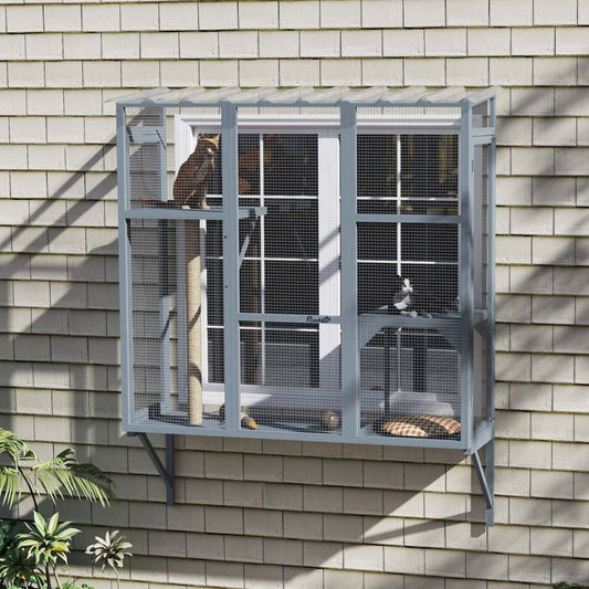 Pawhut Catio Enclos extérieur pour chats, boîte à fenêtre pour 2-3 chats avec 2 plateformes de saut et un griffoir, perchoir de fenêtre sécurisé extensible pour grands chats d'intérieur, gris