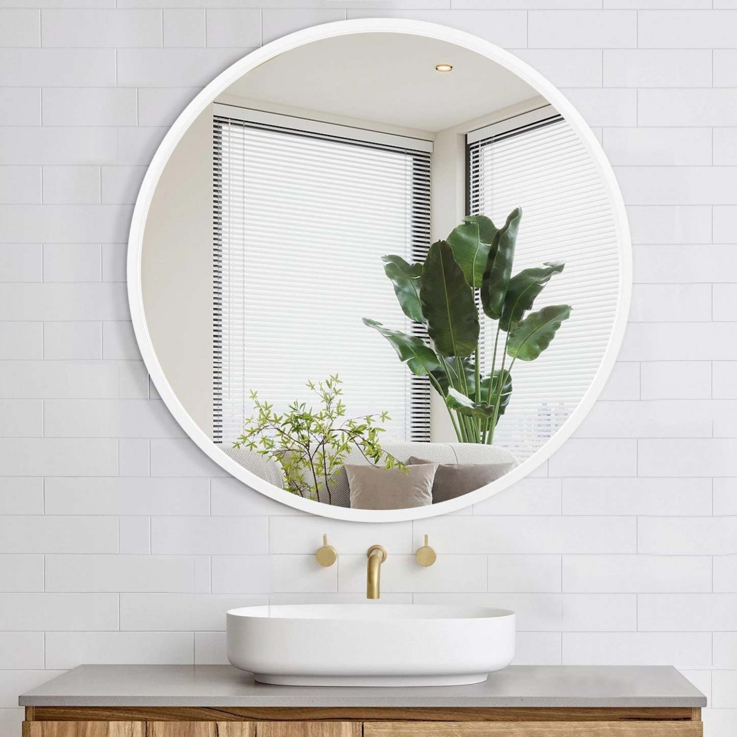 Arcus 36 X 36 Hand Crafted Round Mirror - Blanc|Miroir rond Arcus 36 po x 36 po fabriqué à la main - banc