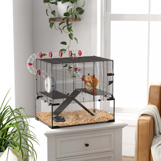 Pawhut Hamster Cage, Small Animal House With Deep Glass Bottom, Tunnel Tube System, Ramps, Platforms|Pawhut Cage Pour Hamster, Maison Pour Petits Animaux Avec Fond En Verre Profond, Système De Tunnel,