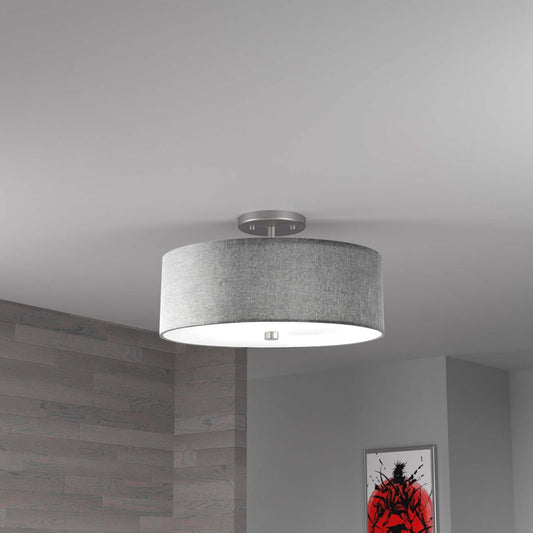 Dainolite Everly 3 Light Semi-flush Mount Satin Chrome Finish Grey Shade Lamp|Plafonnier semi-affleuré Everly de Dainolite avec abat-jour gris, fini chromé satiné et 3 ampoules