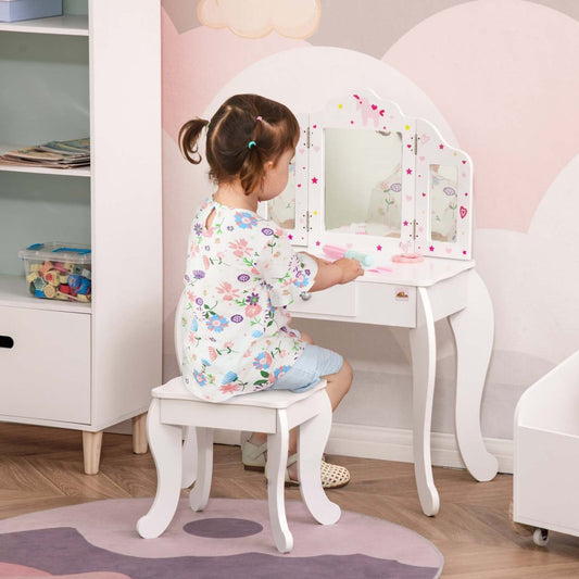 Qaba Kids Vanity Table & Stool Girls Dressing Set Make Up Desk With Tri-folding Mirrors Drawer Star | Qaba Coiffeuse Et Tabouret Pour Enfants Ensemble De Coiffure Pour Filles Bureau De Maquillage Avec Miroirs Tri-pliables Tiroir Étoile
