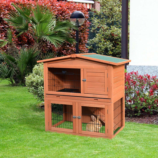Pawhut 2 niveaux clapier pour lapins, clapier pour cochons d'Inde, cage pour furets avec rampe et tiroir coulissant pour intérieur et extérieur | Pawhut 101,6 cm clapier en bois, cage à volaille, habitats pour petits animaux avec enclos