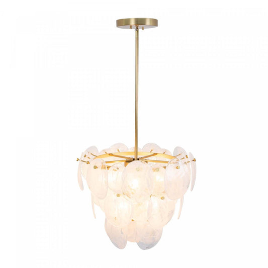 Lustre A 8 lampes Lily, Laiton Brosse Et Verre Genre Murano Blanc Vaporeux