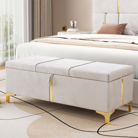 Banc ottoman de rangement rembourré en velours doux Tony avec pieds en métal, beige | Banc Coffre De Rangement Tony En Velours Doux Avec Pieds Métalliques, Beige