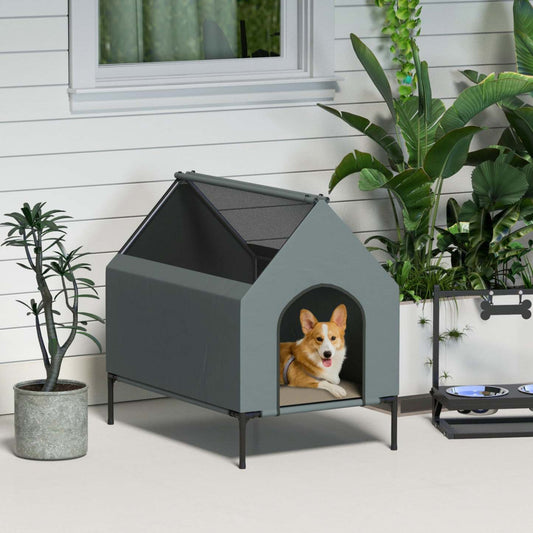 Pawhut Niche D'exterieur Pour Chien Surelevee Avec Housse Amovible, Fenetres En Maille, Sac De Range|Pawhut Dog House Outdoor, Lit pour chien surélevé avec housse amovible, fenêtres en maille, sac de rangement