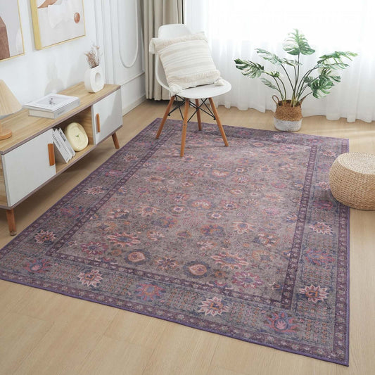 Aqua Brown Flora Tapis lavable antidérapant à poils courts 5' x 7' | Tapis Brun Floral Lavable Antidérapant À Poils Ras 5'x7'