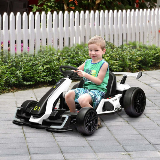 Aosom Go Kart, kart à dérapage électrique 24v pour enfants avec siège réglable, démarrage lent, ceinture de sécurité, klaxon, musique, lumière, véhicule à batterie pour enfants de 6 à 12 ans, blanc