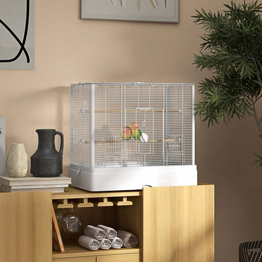 Pawhut 22 Cage à Oiseaux Pour Perruche, Pinsons, Canaris, Perroquets Amoureux, Grande Cage à Perroquet Avec Supports en Bois, Plateau Amovible, Poignée, Contenants Alimentaires, Blanc