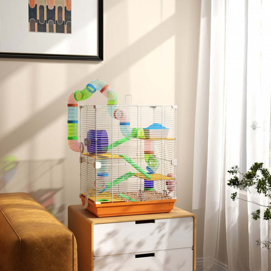 Pawhut Cage A Hamster A 5 Niveaux Portable Pour Animaux De Compagnie Avec Roues D'exercice, Tube De Jeu Wa