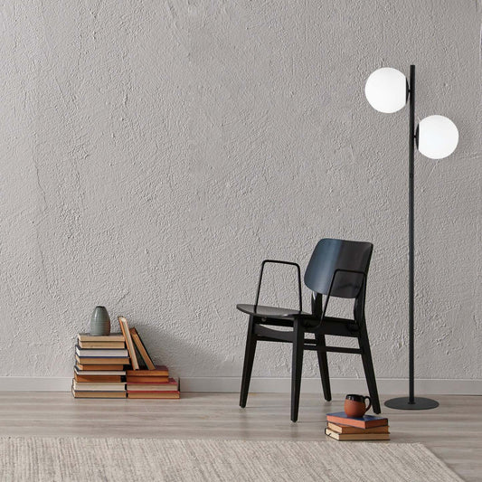 Dainolite Folgar 2 Light Floor Lamp Matte Black White Opal Glass|Lampe à pied Folgar de Dainolite en verre blanc opale, avec fini noir mat et 2 ampoules
