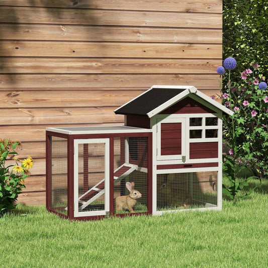 Pawhut 48 Clapier En Bois Résistant Aux Intempéries Avec Toit Incliné Et Enclos Extérieur Écran, Marron|Pawhut Clapier En Bois Pour Lapin De Jardin Cage Pour Petit Animal Avec Échelle Et Enclos Extérieur