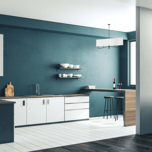 Dainolite Eleanor 4 Light Horizontal Chandelier Matte Black White Shade Lamp|Lustre horizontal Eleanor de Dainolite avec abat-jour blanc, fini noir mat et 4 ampoules